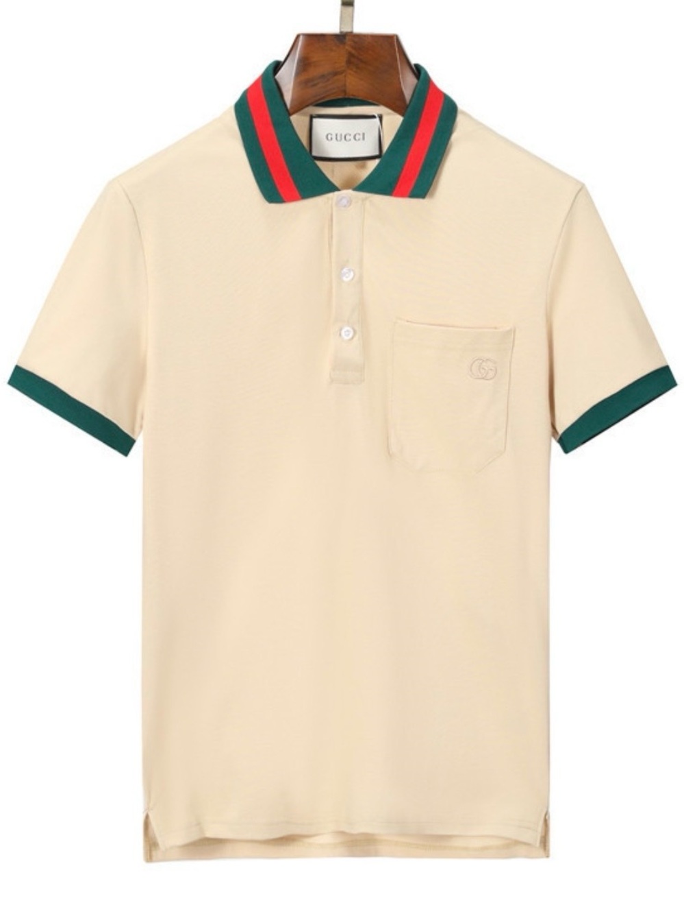 Gucci Men’s Cream Polo with Green and Red Stripe Collar